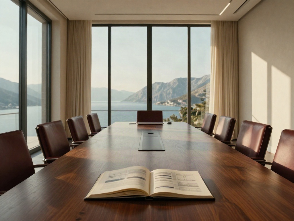 Sunlit consulting boardroom overlooking the Adriatic coastline, with business charts on a walnut table